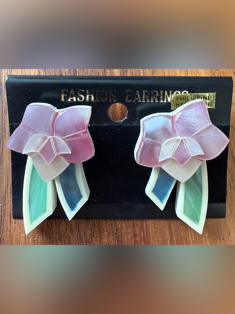 Vintage Thick Acrylic Pink and Green Floral Pierced Earrings Inlay 90s Deadstock